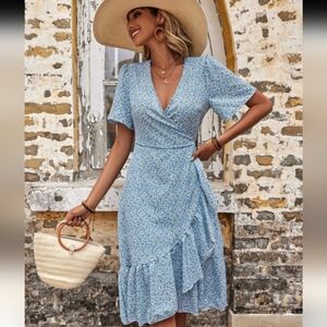 Floral Greenish Blue Faux Wrap Dress = Size Medium